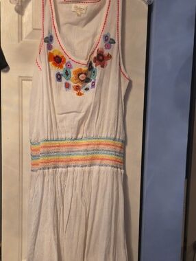 White Sleeveless Embroidered Mini Dress with Rainbow Crochet Waistband